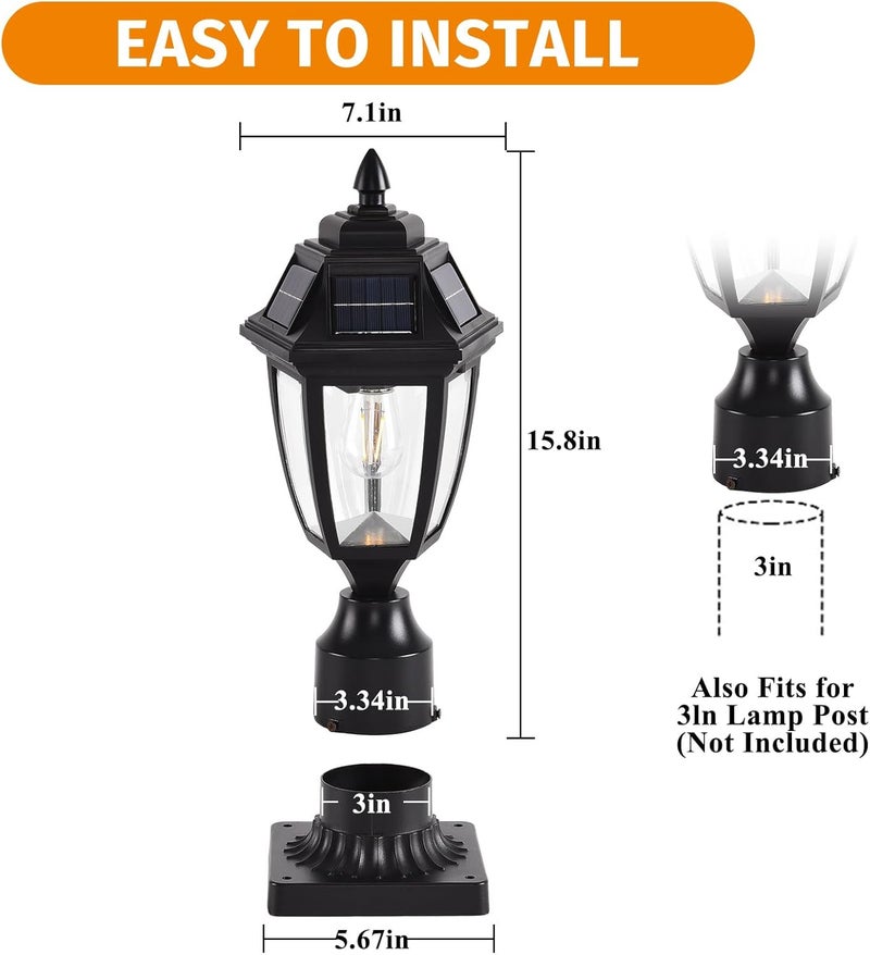 TEBLAMPUE Solar Outdoor Post Lights 2 Pack, Dusk to Dawn Outdoor Column Light with Pier Mount Base, Black Exterior Solar Powered Pole Light for Outside Porch Yard Pathway Driveway - Image 5